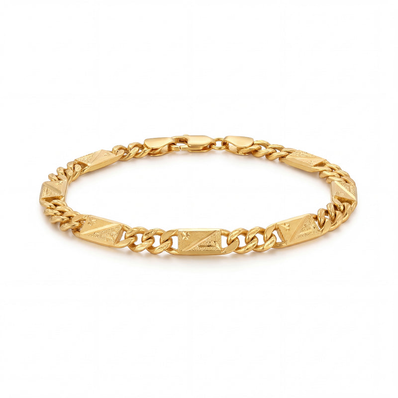 Elegant 22K yellow gold bracelet featuring engraved bar links combined with classic curb chain links and secure clasp on a white background by Pachchigar Jewellers Ashokbhai.