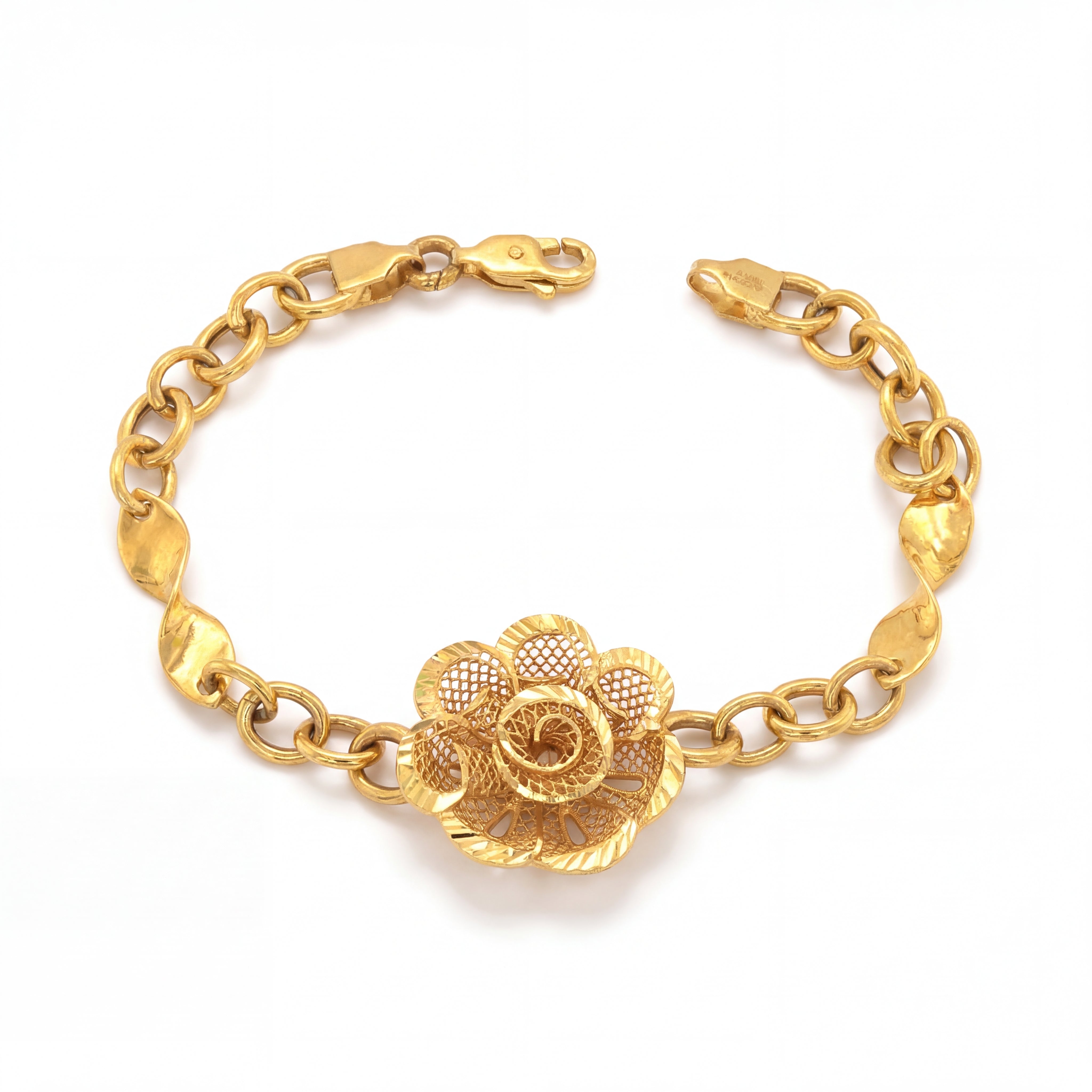 Elegant 22K yellow gold bracelet featuring a detailed floral filigree centerpiece with textured chain links and a secure clasp on a white background.