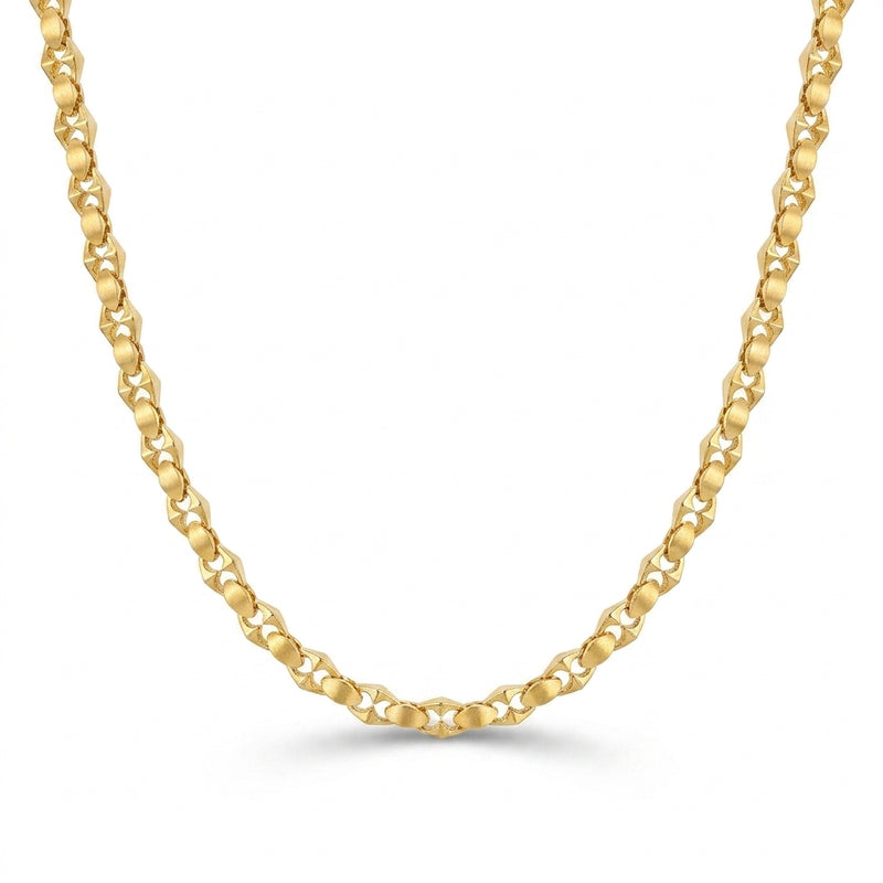 Elegant 22K yellow gold floral weave chain necklace featuring oval textured links with intricate openwork detailing on a white background.