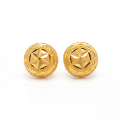 Stylish 22K yellow gold circular designer earrings with diamond cut geometric center pattern and detailed engraved rim by Pachchigar Jewellers Ashokbhai