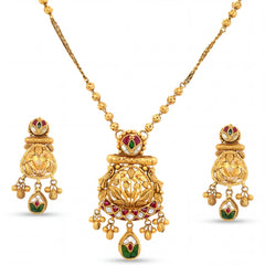 Exquisite 22K yellow gold pendant set featuring intricate heritage temple motifs with red green meenakari detailing, hanging charms, and matching traditional earrings.