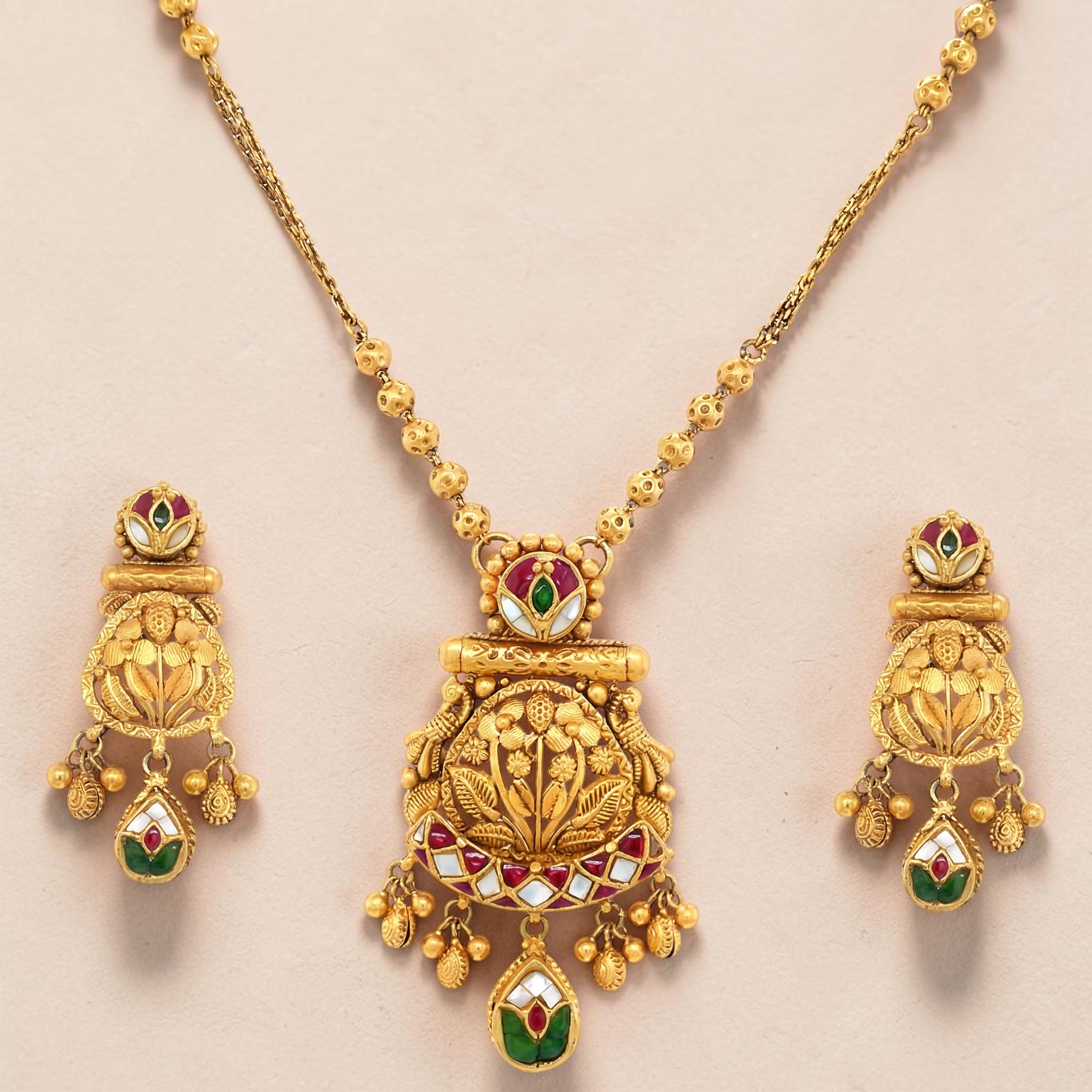 Antique  Gold Necklace Set | Traditional South-Indian Nakshi Pendant with Jhumka Earrings