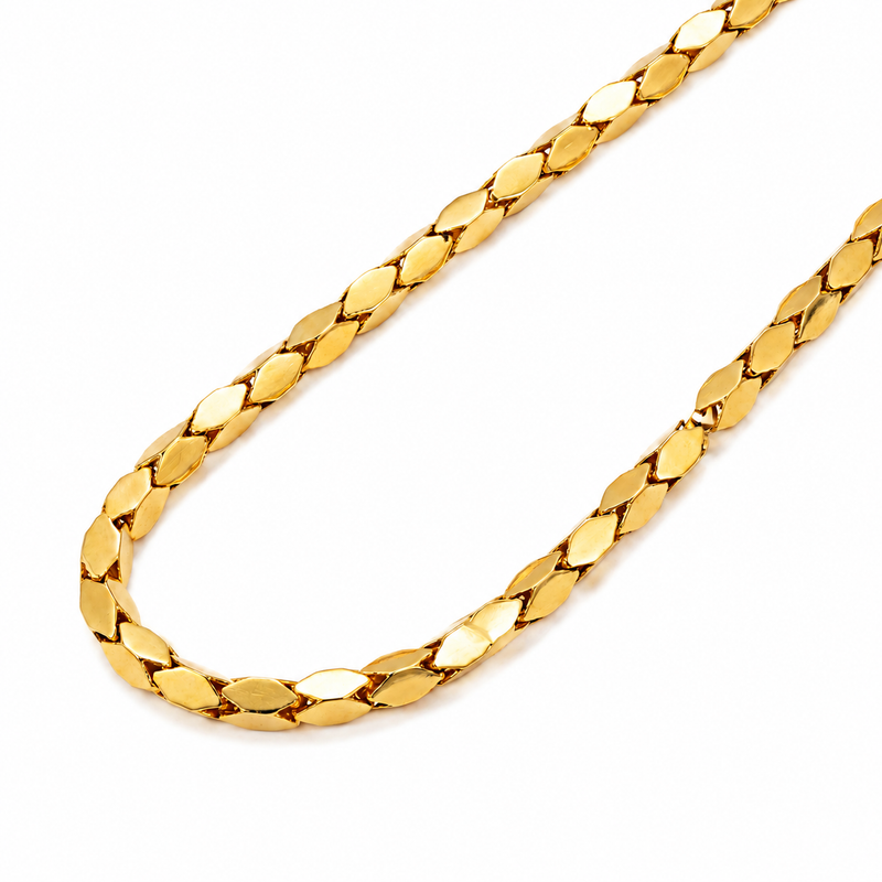 Elegant 22K yellow gold marquise link chain necklace featuring sleek polished diamond-shaped links on a white background.