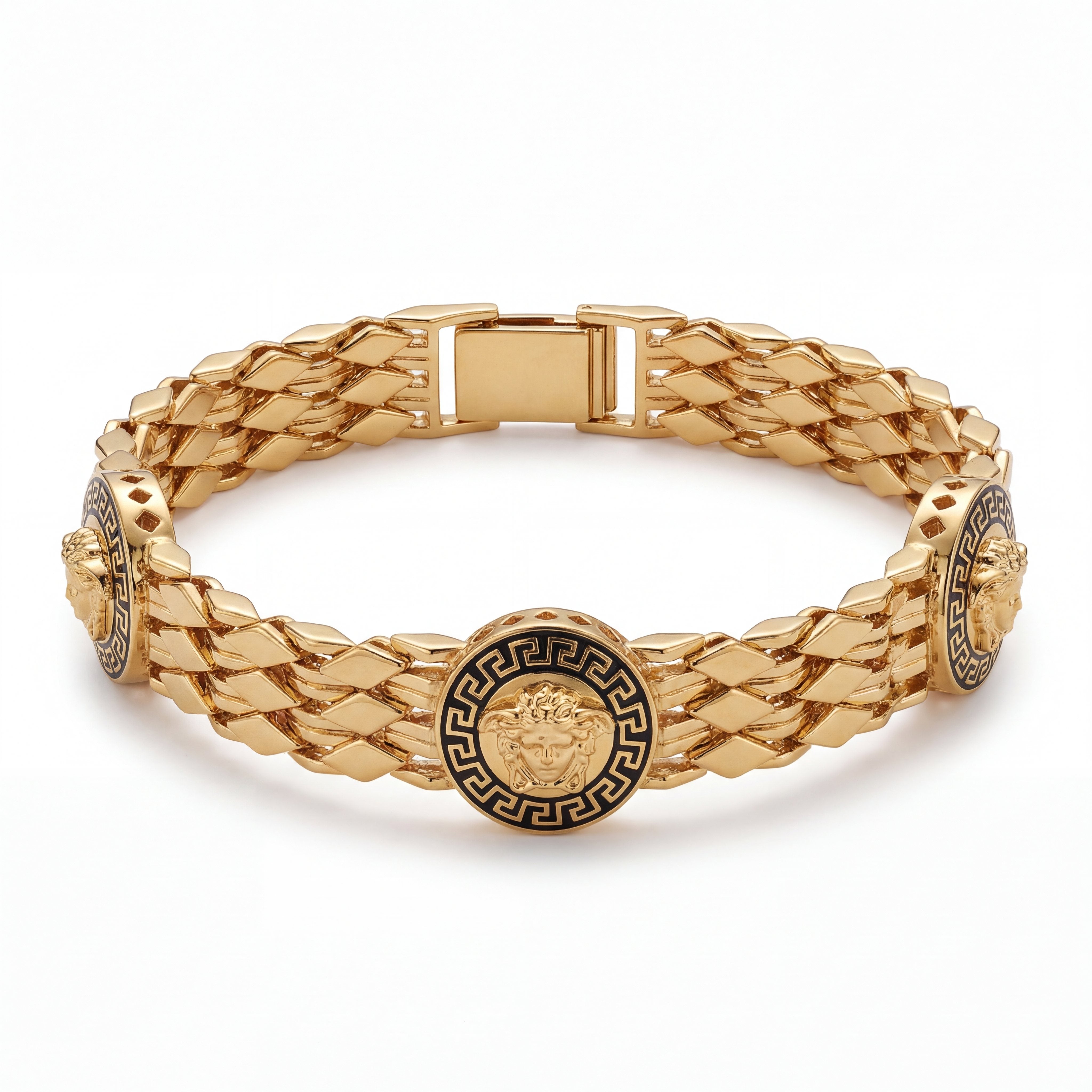 Luxurious 22K yellow gold bracelet featuring multi-row woven links with black enamel Medusa-inspired round motifs and secure clasp on a white background by Pachchigar Jewellers Ashokbhai.