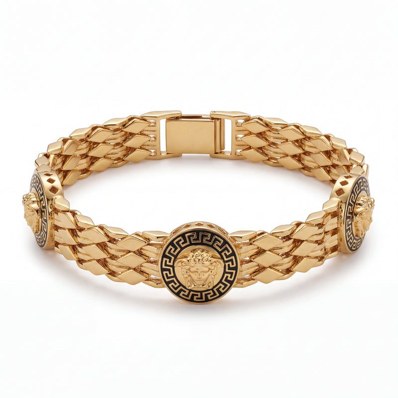 Luxurious 22K yellow gold bracelet featuring multi-row woven links with black enamel Medusa-inspired round motifs and secure clasp on a white background by Pachchigar Jewellers Ashokbhai.