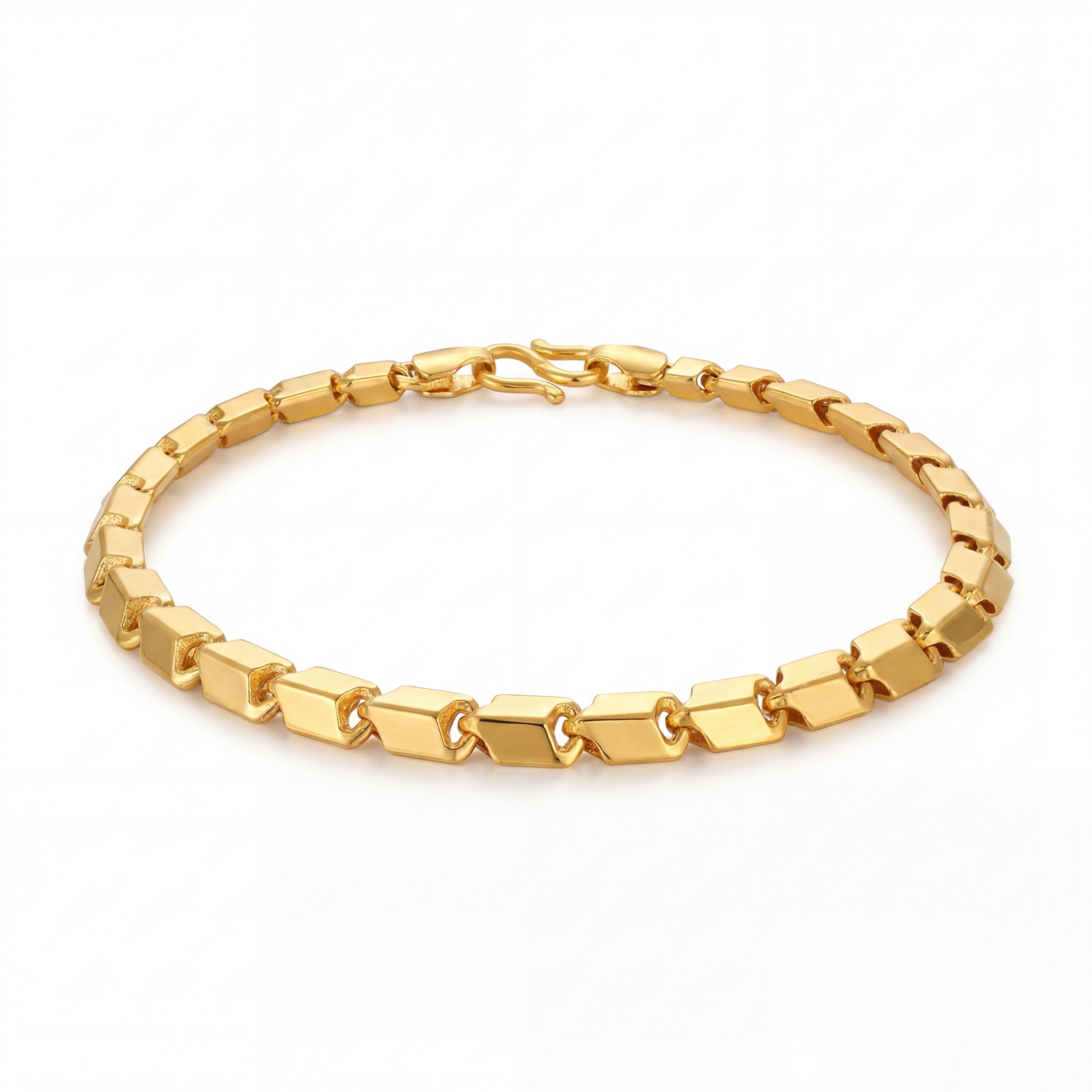 Sleek 22K yellow gold bracelet featuring polished geometric rectangular links with a secure clasp and contemporary handcrafted finish on a white background by Pachchigar Jewellers Ashokbhai.
