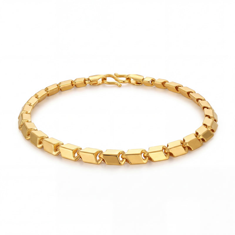 Sleek 22K yellow gold bracelet featuring polished geometric rectangular links with a secure clasp and contemporary handcrafted finish on a white background by Pachchigar Jewellers Ashokbhai.