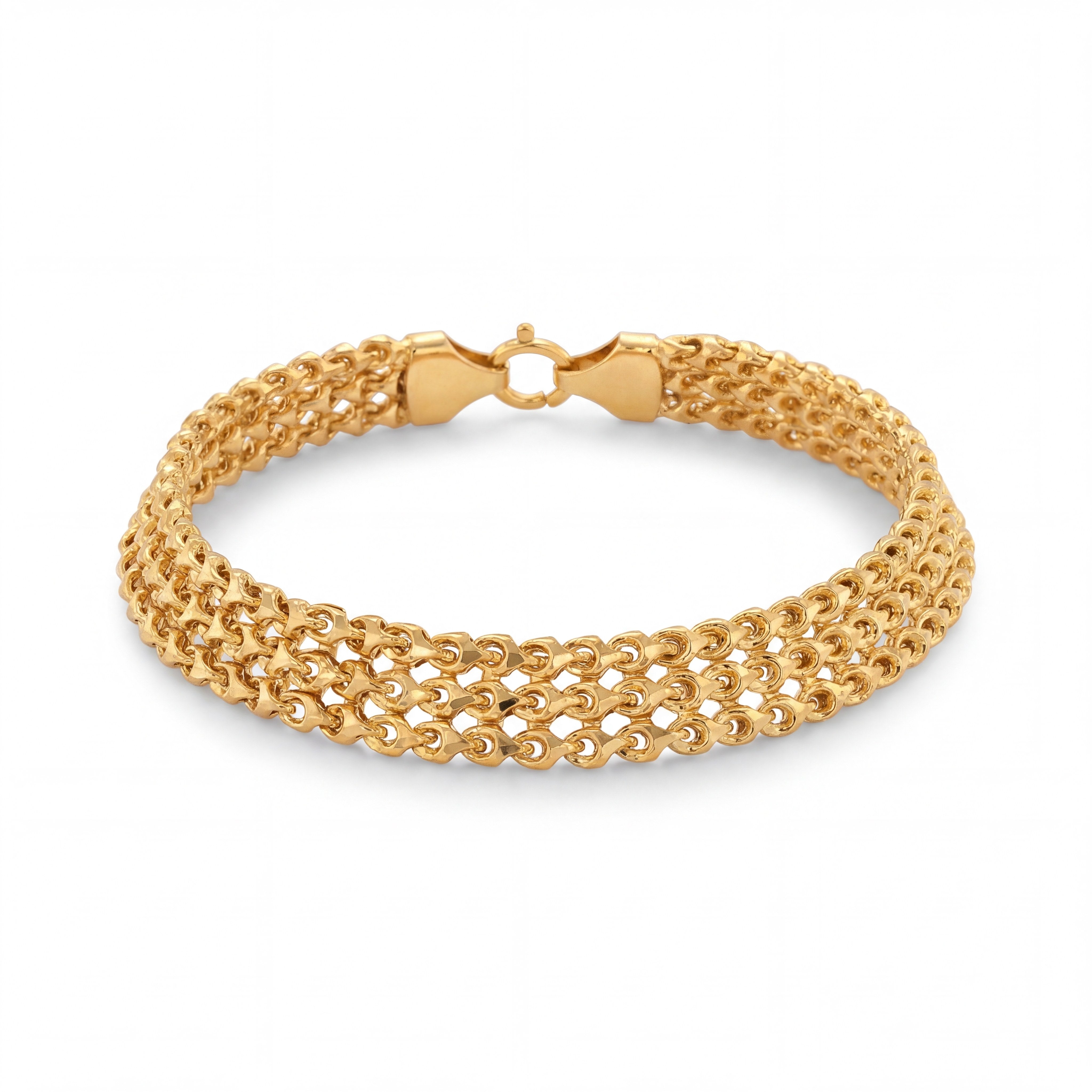 Luxurious 22K yellow gold bracelet featuring multiple layered chain links with a secure clasp and elegant handcrafted finish on a white background by Pachchigar Jewellers Ashokbhai.