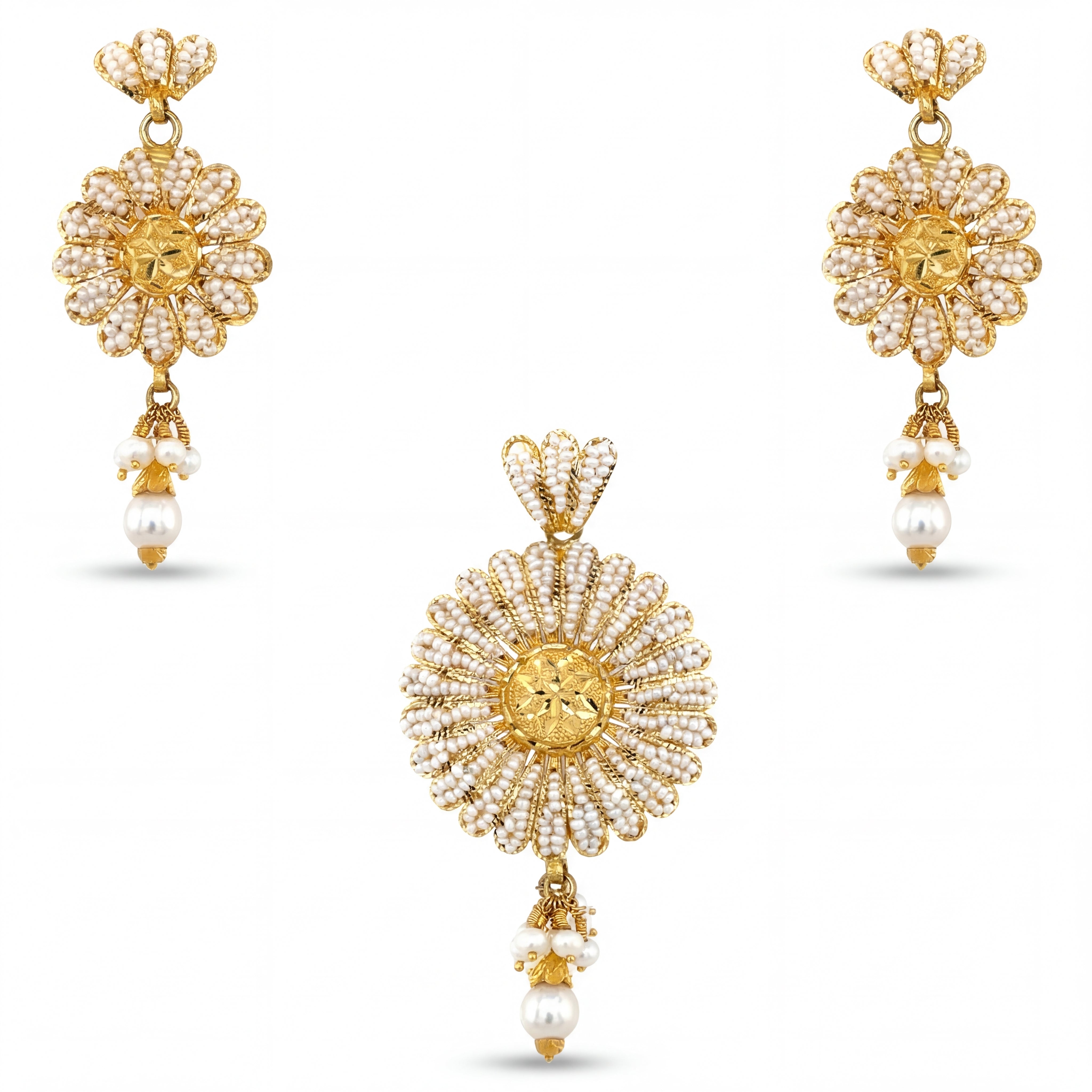 Traditional 22K yellow gold pendant set featuring sunflower-inspired pearl bead motifs with hanging pearl drops and matching statement earrings.