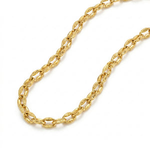 Elegant 22K yellow gold chain necklace featuring ribbed oval links with a sleek polished finish on a white background.
