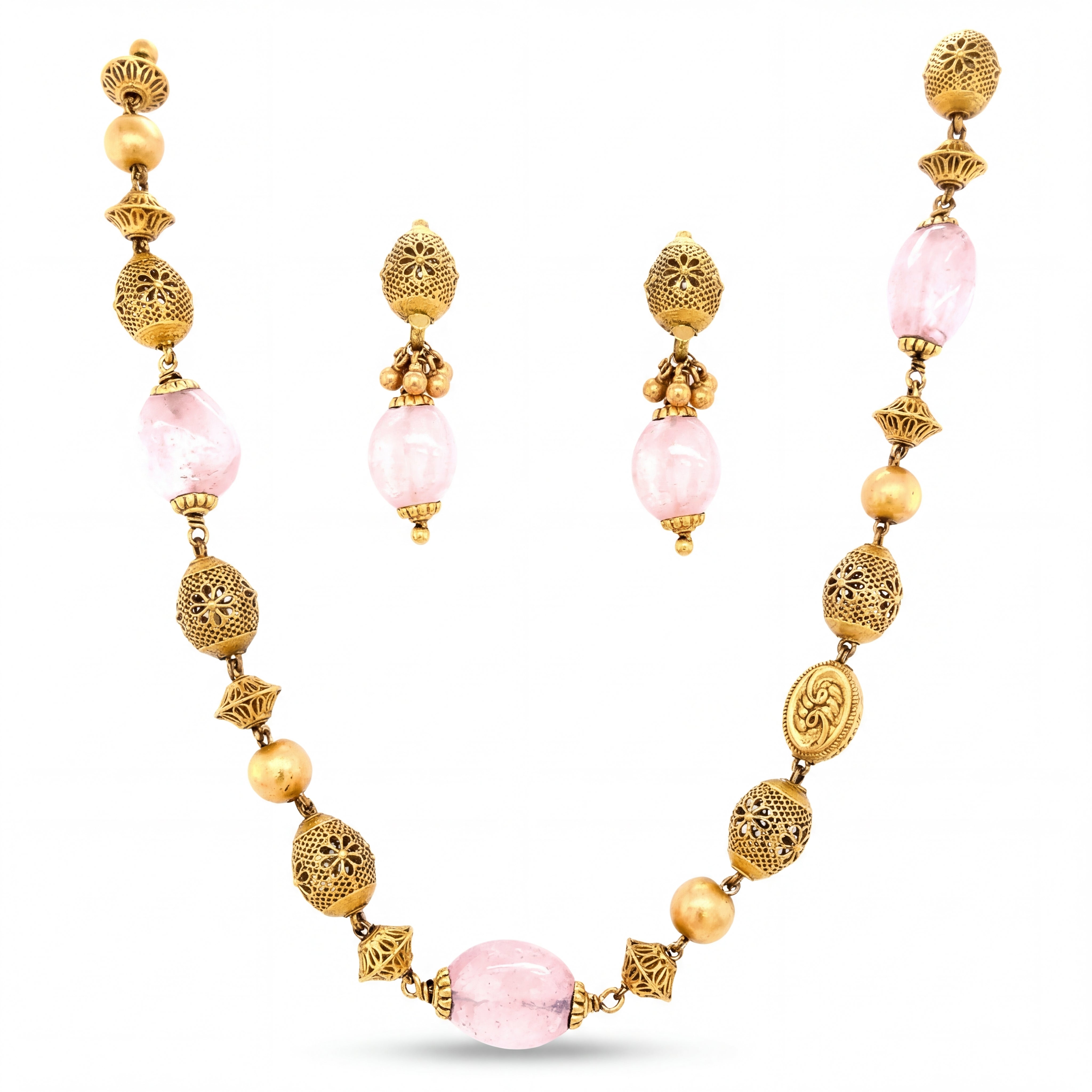 Elegant 22K yellow gold necklace set featuring pink rose quartz beads, intricate filigree gold beads, decorative accents, and matching drop earrings.