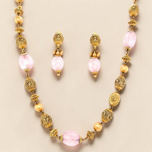 Antique Gold & Pink Beaded Necklace Set | Traditional Ethnic Mala with Matching Earrings