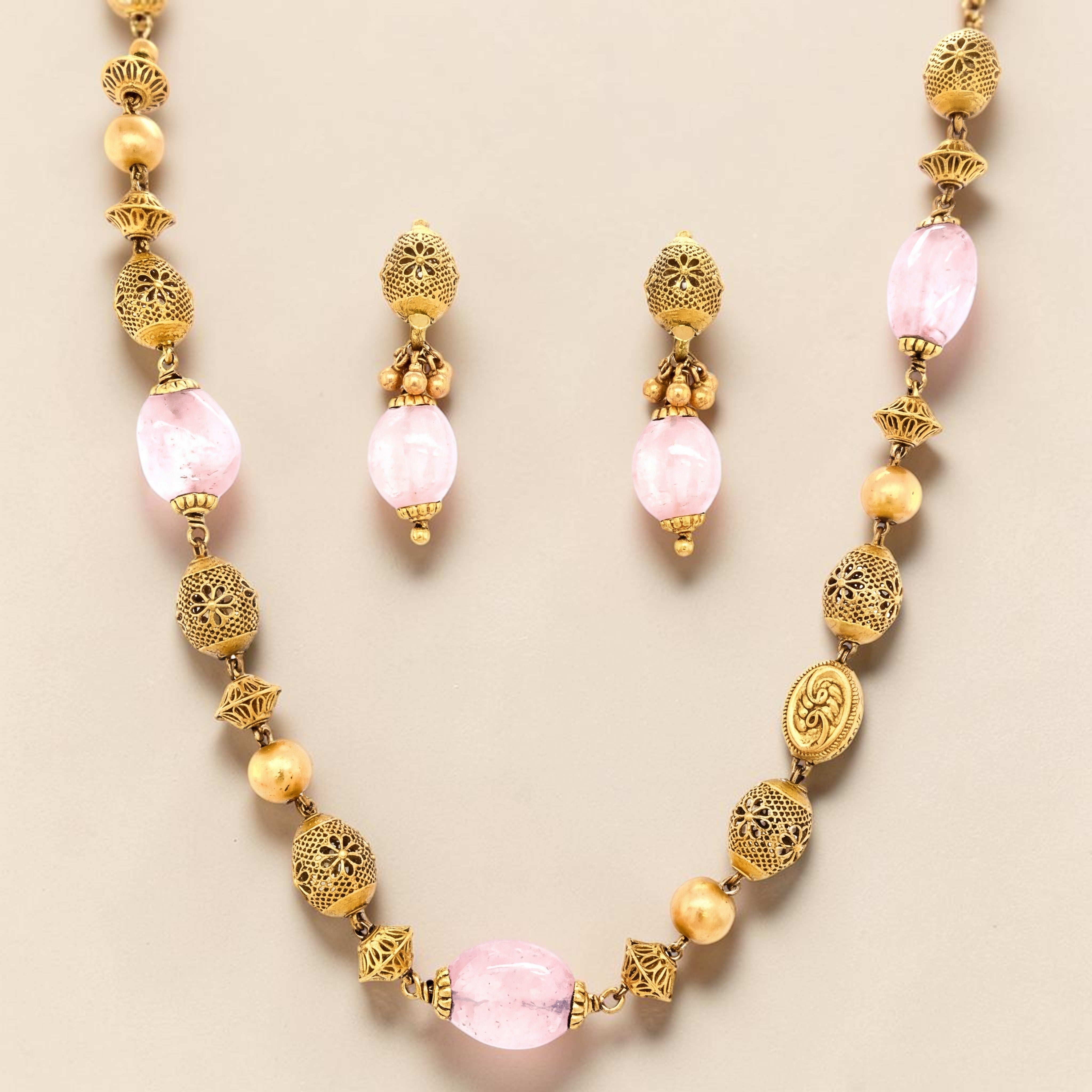 Antique Gold & Pink Beaded Necklace Set | Traditional Ethnic Mala with Matching Earrings