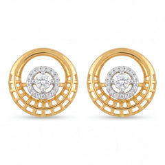 Stylish 22K yellow gold round earrings with geometric lattice detailing and brilliant diamond cluster centerpiece by Pachchigar Jewellers Ashokbhai