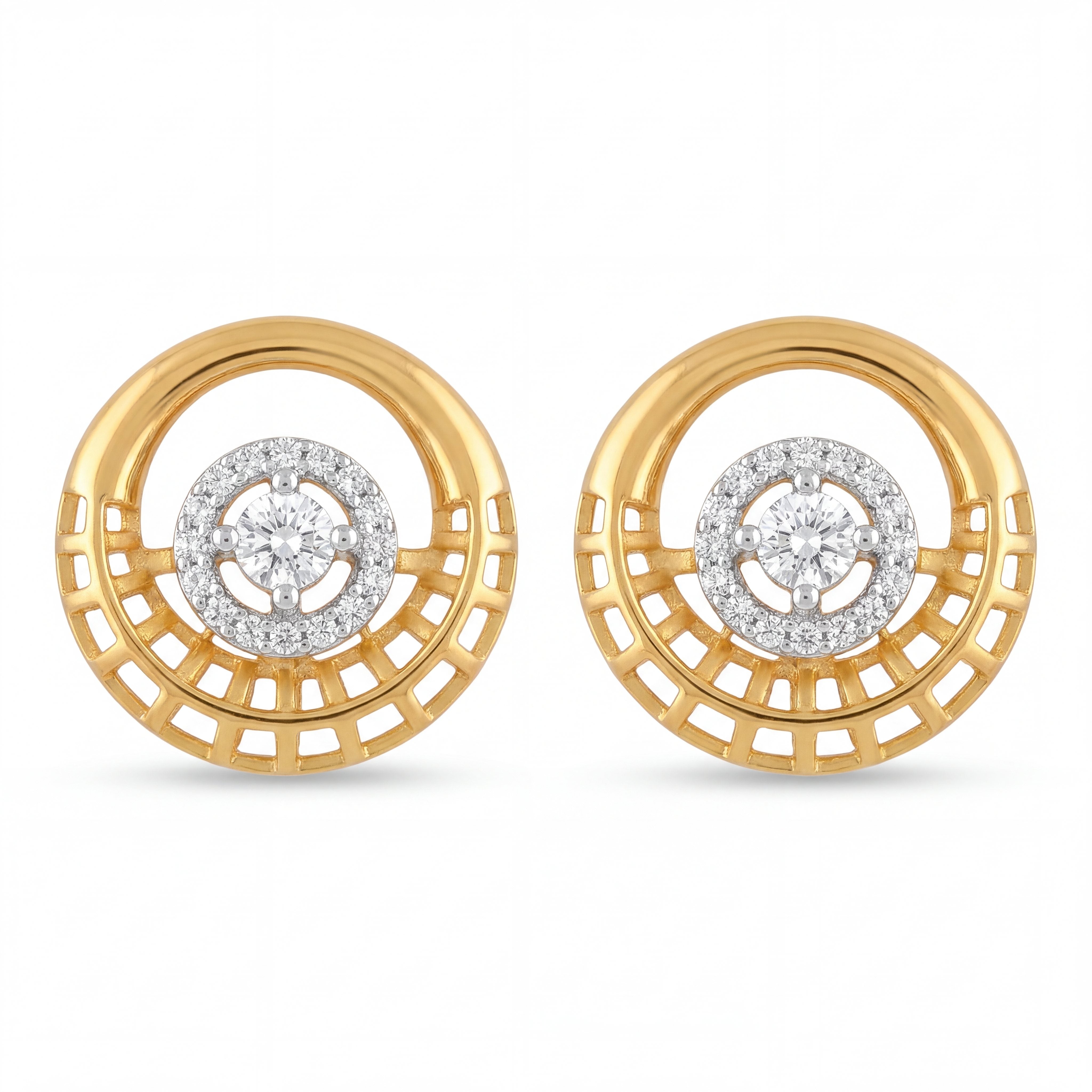 Stylish 22K yellow gold round earrings with geometric lattice detailing and brilliant diamond cluster centerpiece by Pachchigar Jewellers Ashokbhai