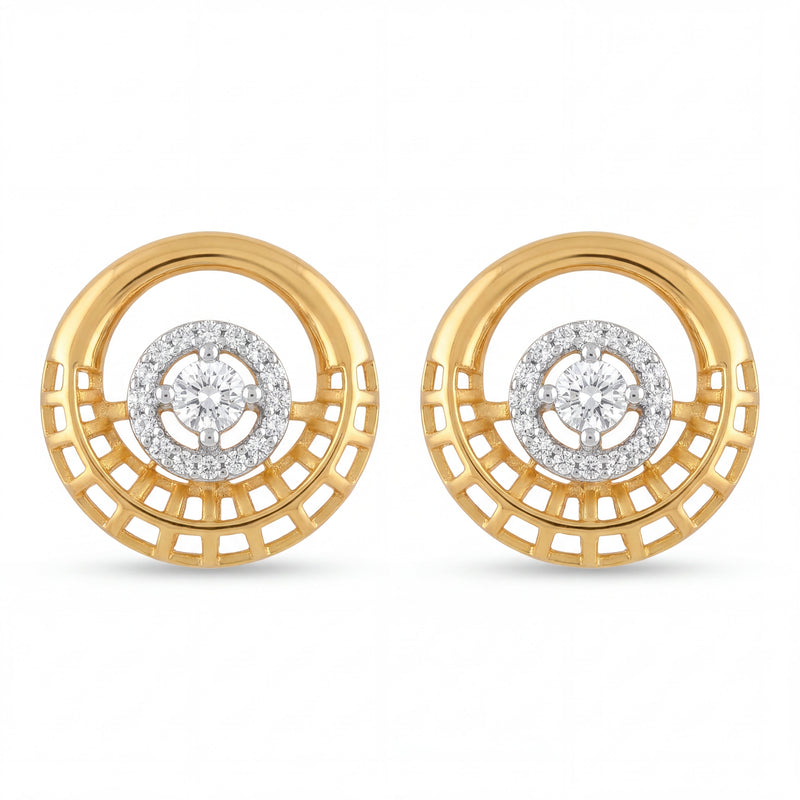 Stylish 22K yellow gold round earrings with geometric lattice detailing and brilliant diamond cluster centerpiece by Pachchigar Jewellers Ashokbhai