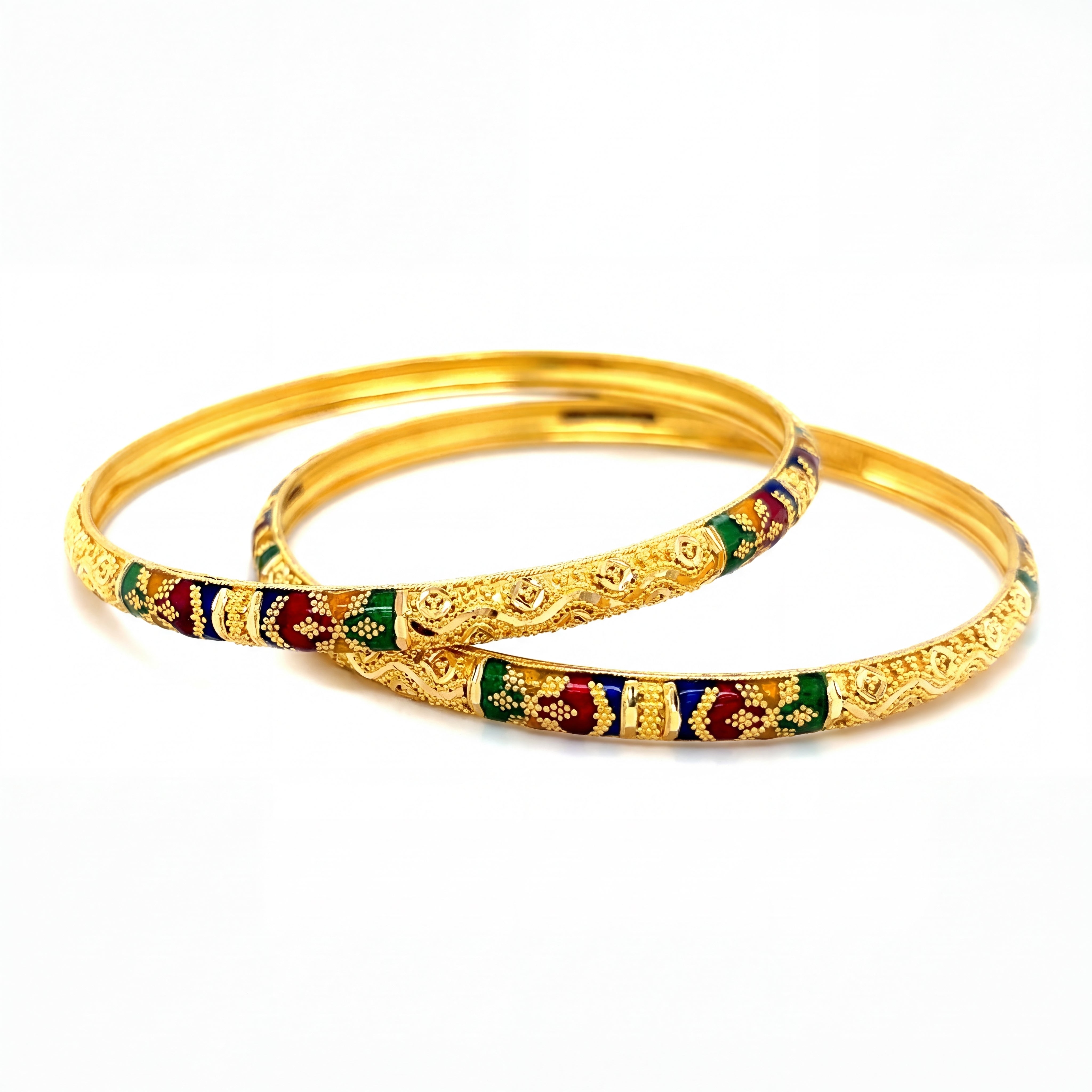 Elegant 22K yellow gold pair bangles featuring intricate multicolor meenakari enamel work in red, green, and blue with traditional embossed detailing.