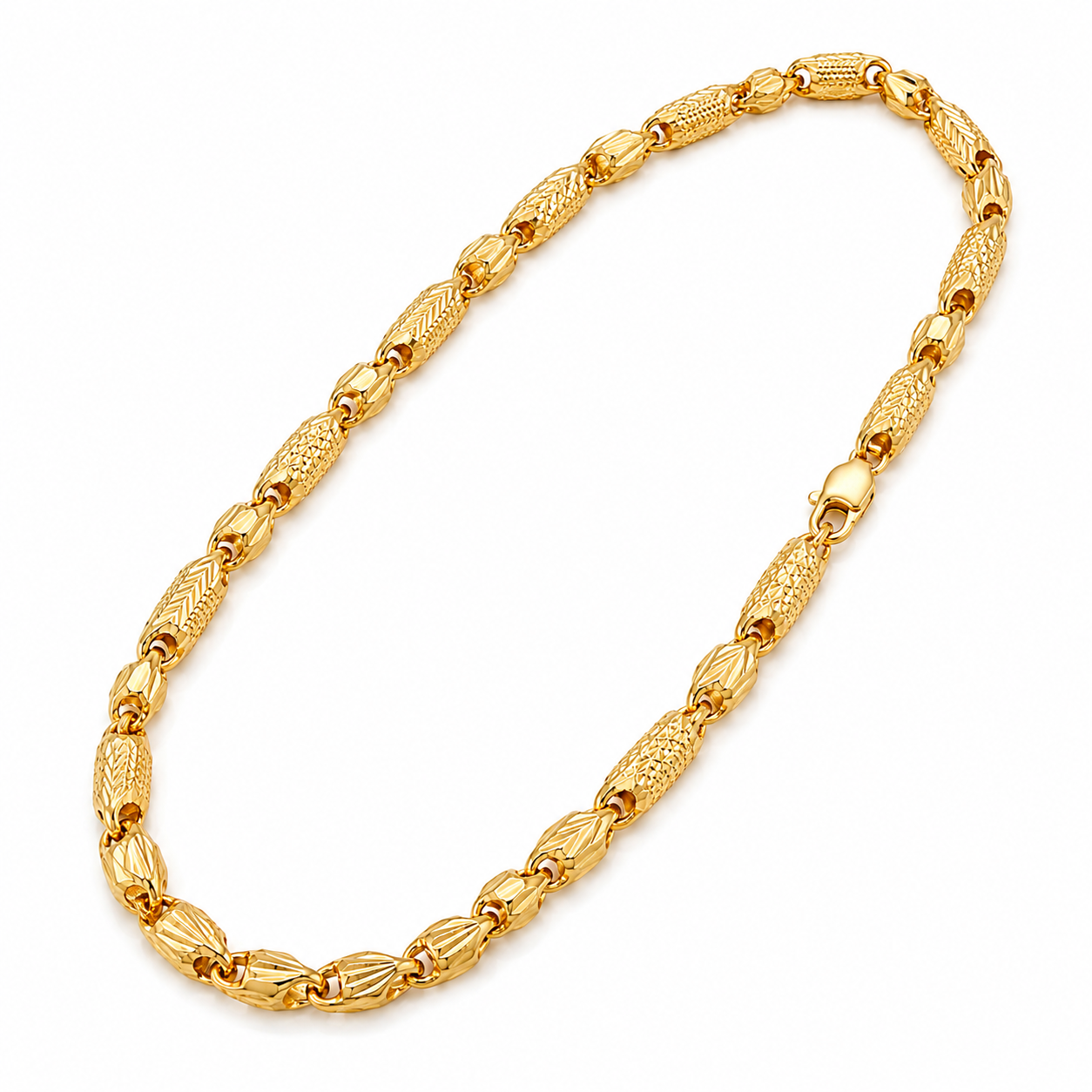 Premium 22K yellow gold chain necklace featuring textured barrel-shaped links and polished designer connectors with a secure clasp on a white background.