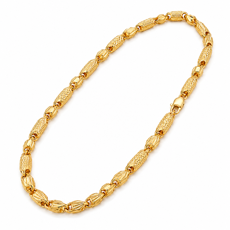 Premium 22K yellow gold chain necklace featuring textured barrel-shaped links and polished designer connectors with a secure clasp on a white background.