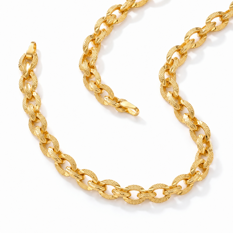Stylish 22K yellow gold oval link chain necklace featuring textured interlocking links and a secure clasp on a white background.
