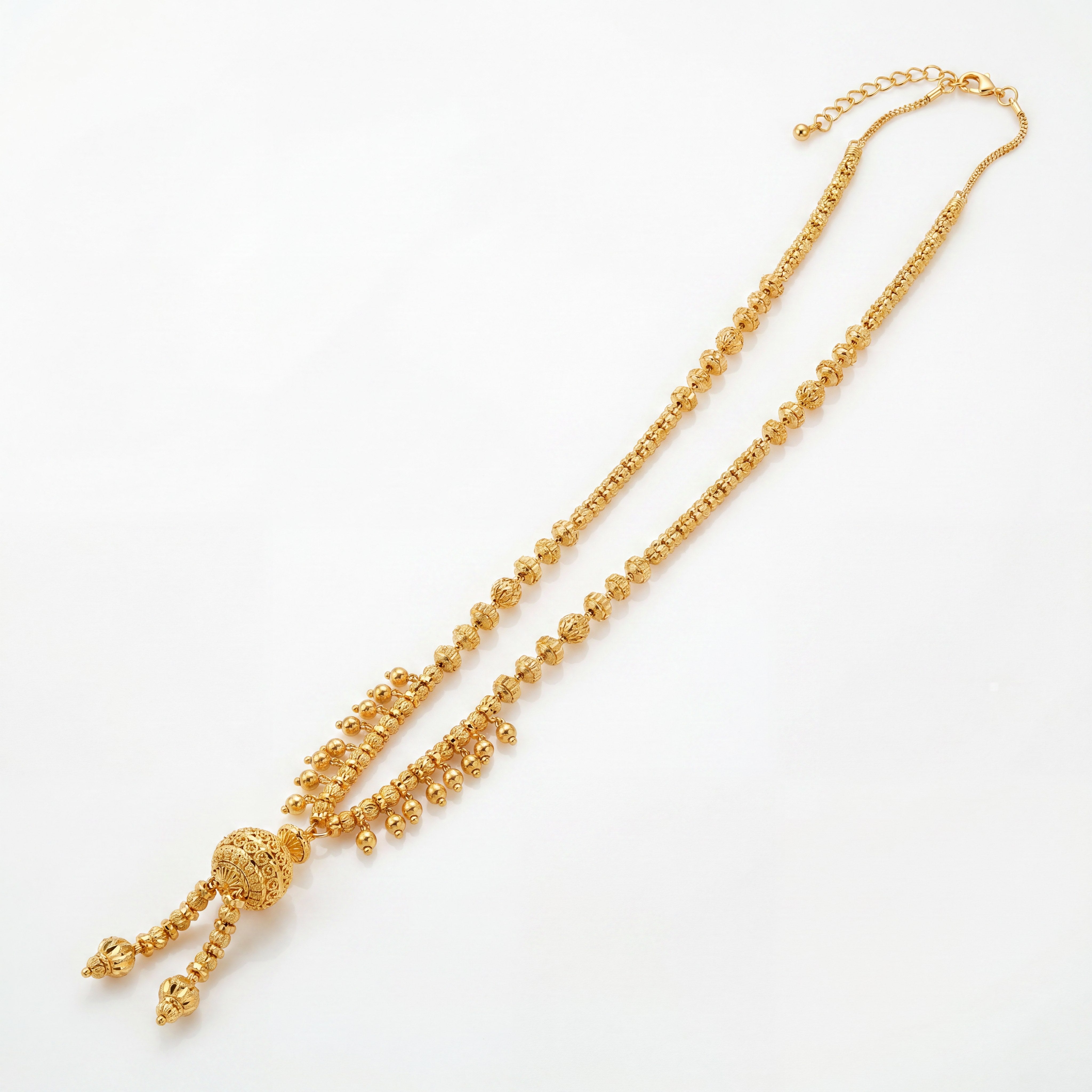 22K gold traditional beaded tassel necklace featuring textured gold beads, an ornate filigree sphere centerpiece, cascading bead tassels, and an adjustable chain, crafted for an elegant and timeless ethnic look.