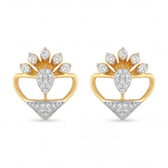 Stylish 22K yellow gold two tone heart shape earrings with radiant diamond cluster center and modern geometric lower detail by Pachchigar Jewellers Ashokbhai