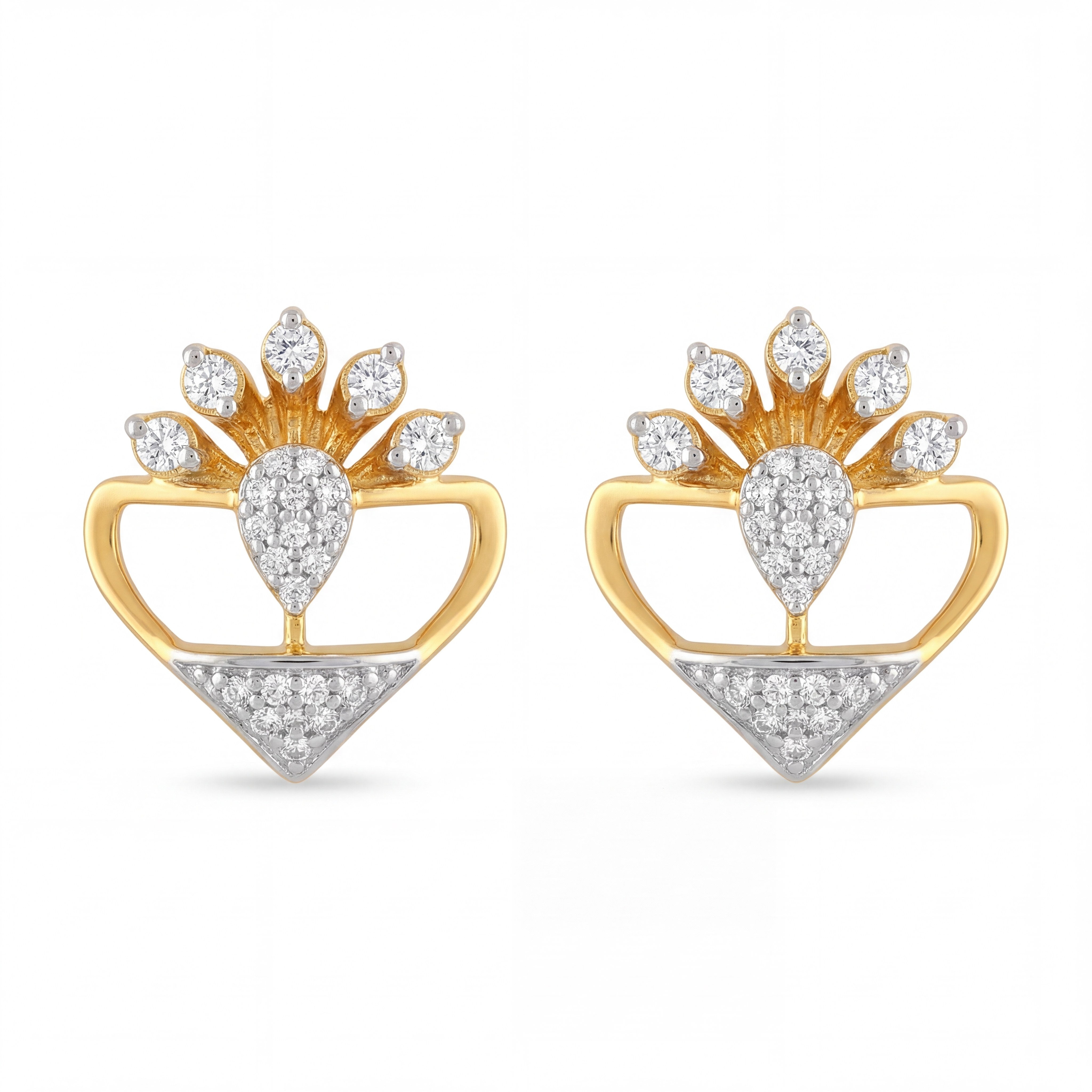 Stylish 22K yellow gold two tone heart shape earrings with radiant diamond cluster center and modern geometric lower detail by Pachchigar Jewellers Ashokbhai