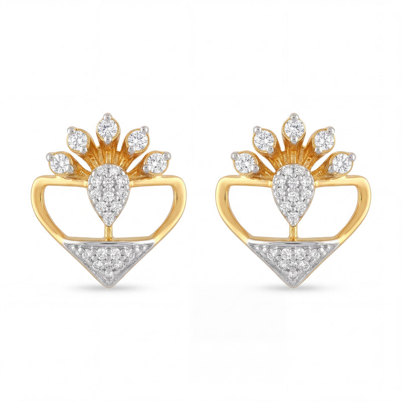 Stylish 22K yellow gold two tone heart shape earrings with radiant diamond cluster center and modern geometric lower detail by Pachchigar Jewellers Ashokbhai