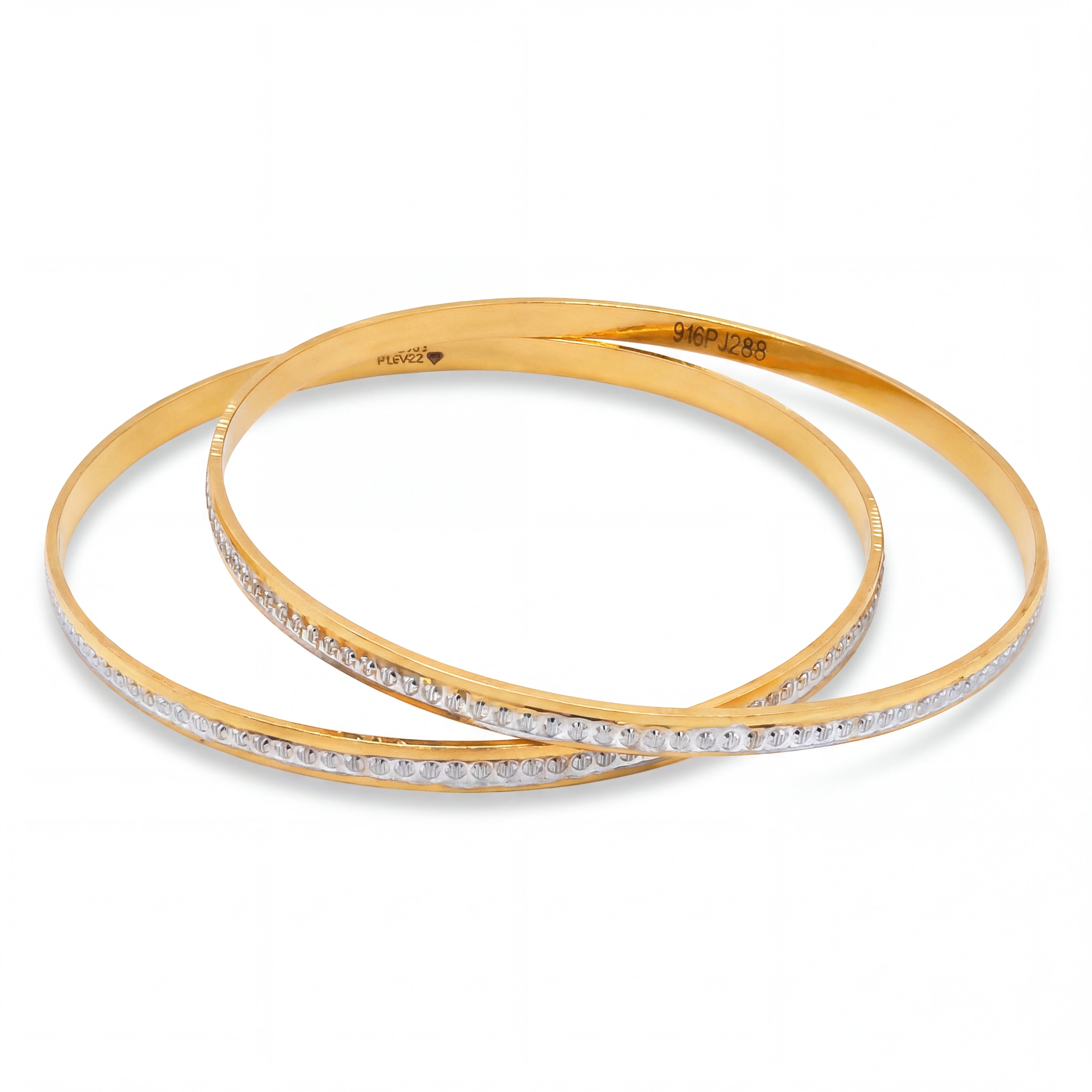 Elegant 22K yellow gold pair bangles featuring slim round design with white rhodium textured detailing, perfect for everyday wear and stacking.