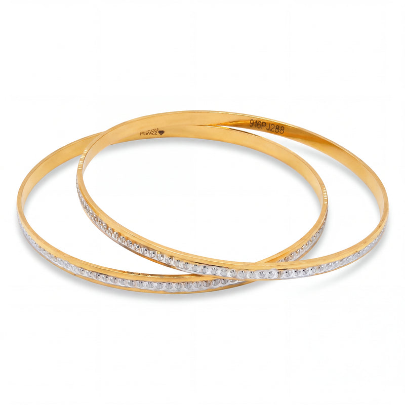 Elegant 22K yellow gold pair bangles featuring slim round design with white rhodium textured detailing, perfect for everyday wear and stacking.