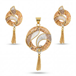 Elegant 22K gold pendant set featuring circular tri tone leaf motif design with textured detailing, tassel drops, and matching dangling earrings.