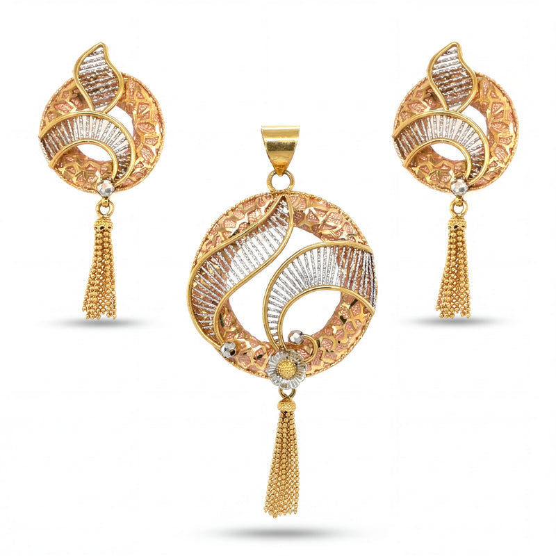 Elegant 22K gold pendant set featuring circular tri tone leaf motif design with textured detailing, tassel drops, and matching dangling earrings.