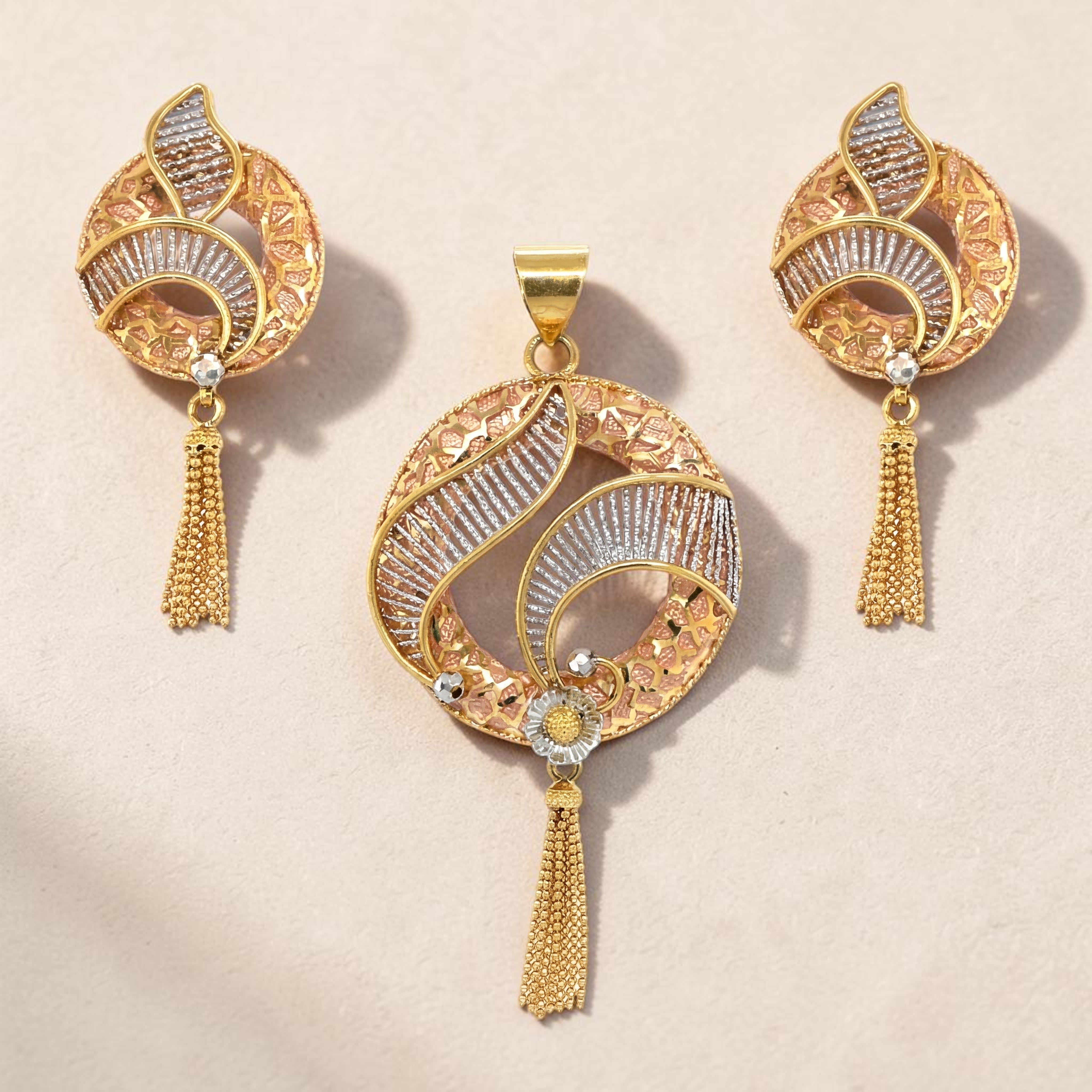 22K Gold Rose-Gold Textured Pendant Set with Tassels