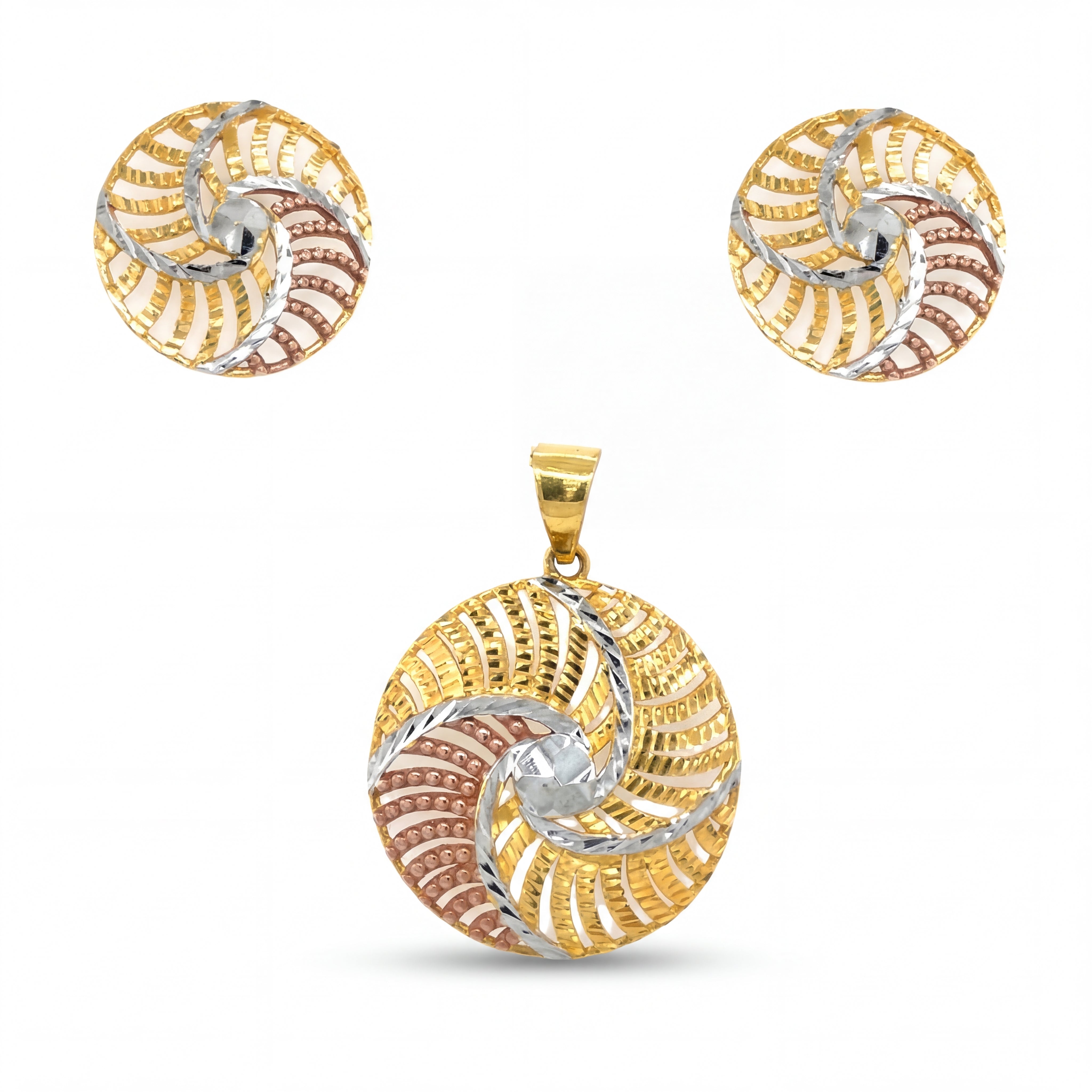 Stylish 22K gold pendant set featuring round tri tone spiral filigree disc pendant with matching stud earrings in yellow, white, and rose gold finish.