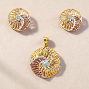 22K Tricolour Gold Round Pendant Set | Spiral Swirl Design Pendant with Matching Earrings