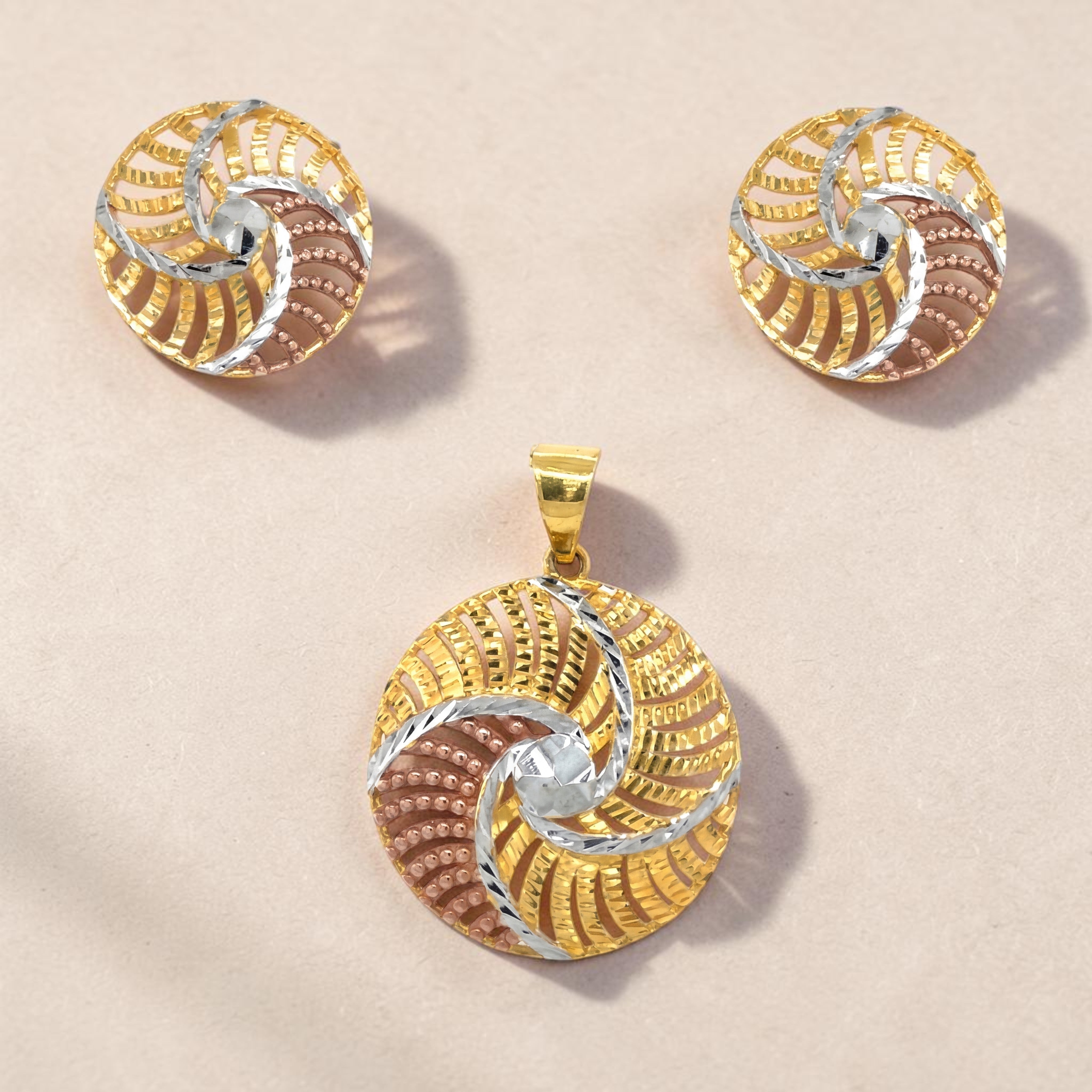 22K Tricolour Gold Round Pendant Set | Spiral Swirl Design Pendant with Matching Earrings