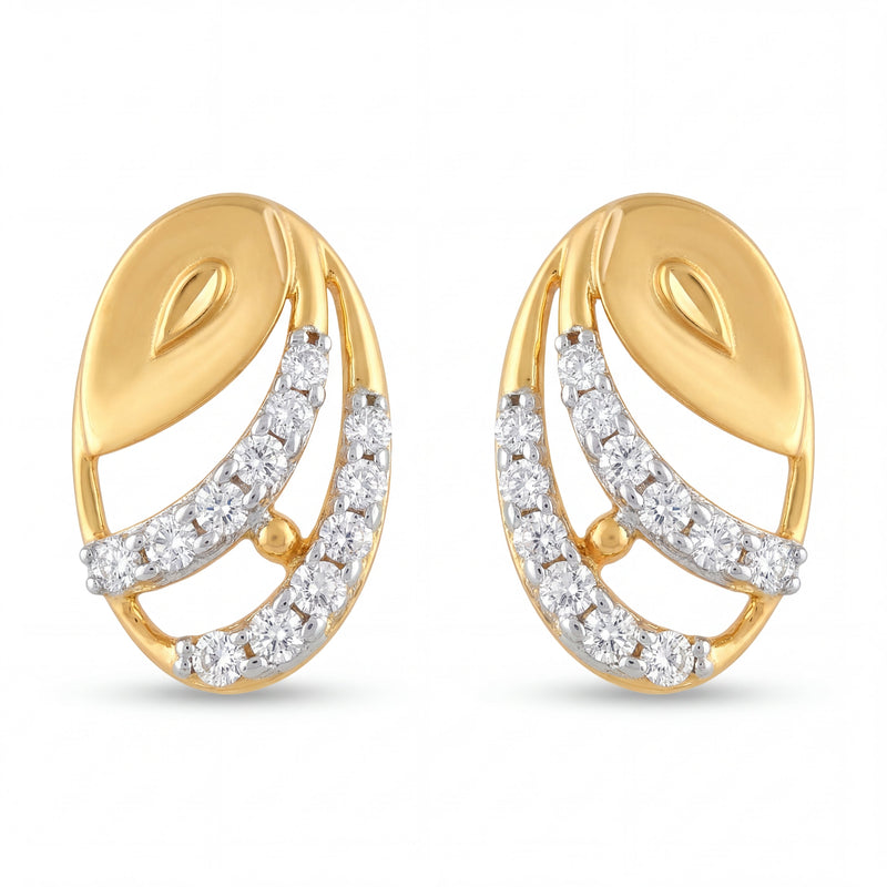 Elegant 22K yellow gold diamond leaf design stud earrings featuring curved sparkling diamond rows in an oval silhouette by Pachchigar Jewellers Ashokbhai
