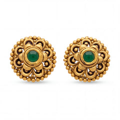 Elegant 22K yellow gold emerald traditional floral stud earrings featuring ornate handcrafted design with vibrant green center gemstones by Pachchigar Jewellers Ashokbhai