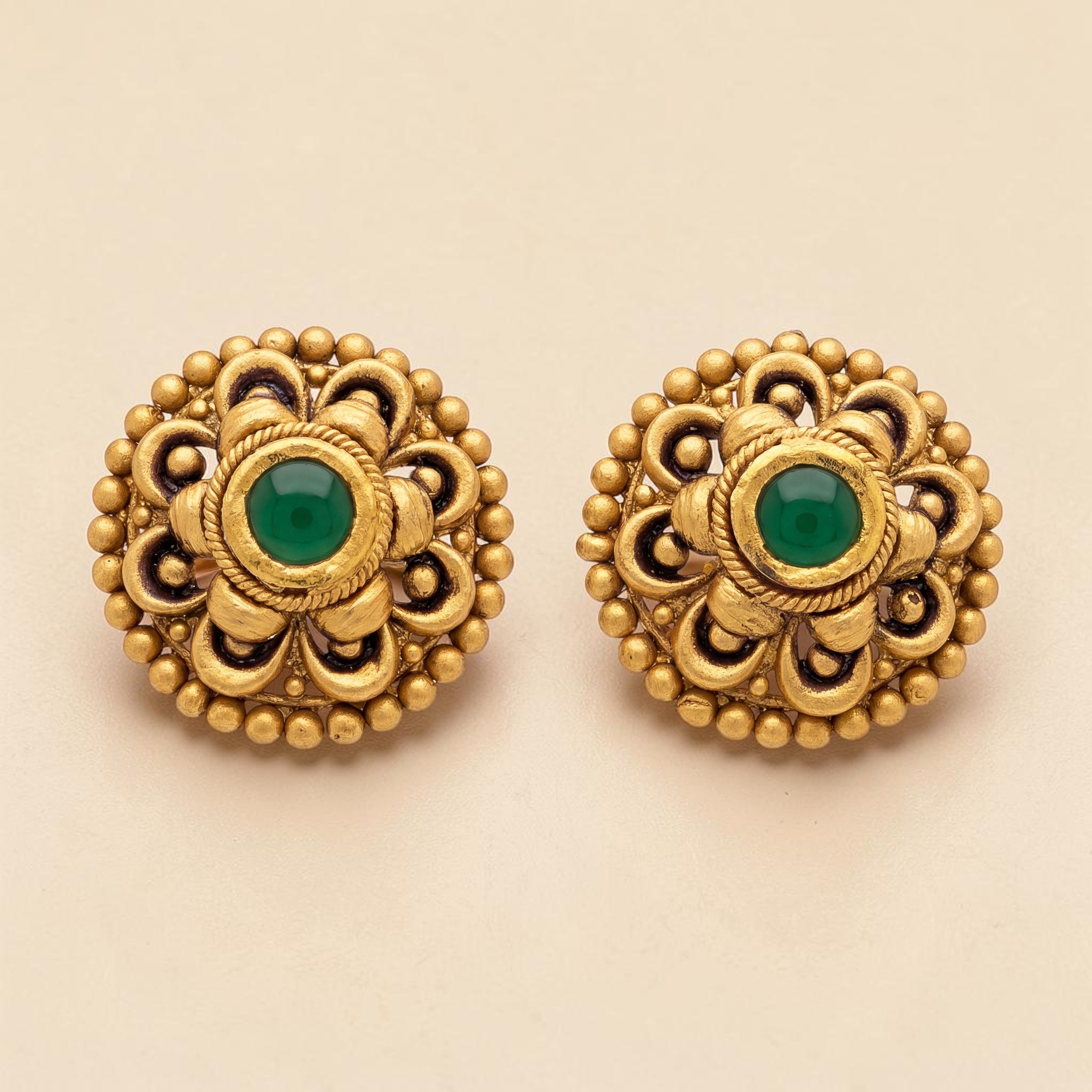 22KT Gold Floral Antique Stud Earrings with Green Stone