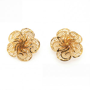 Elegant 22K yellow gold filigree floral stud earrings featuring openwork mesh petals in a blooming flower design by Pachchigar Jewellers Ashokbhai