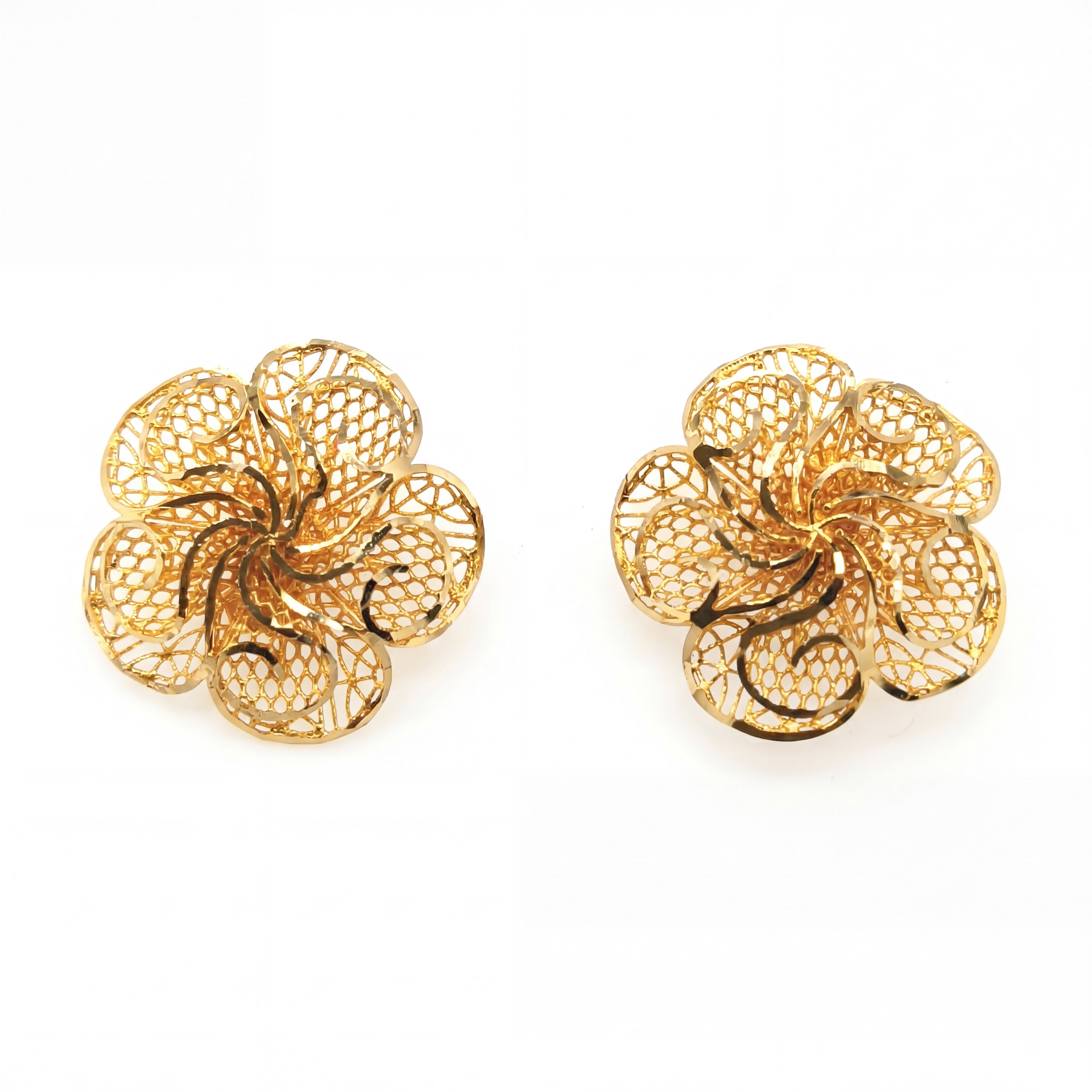 Elegant 22K yellow gold filigree floral stud earrings featuring openwork mesh petals in a blooming flower design by Pachchigar Jewellers Ashokbhai