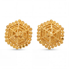 Elegant 22K yellow gold geometric traditional stud earrings featuring hexagonal handcrafted design with intricate textured detailing by Pachchigar Jewellers Ashokbhai