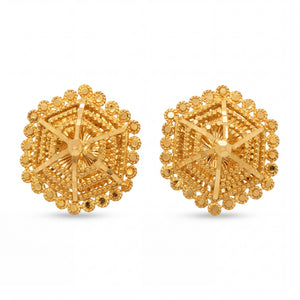 Elegant 22K yellow gold geometric traditional stud earrings featuring hexagonal handcrafted design with intricate textured detailing by Pachchigar Jewellers Ashokbhai