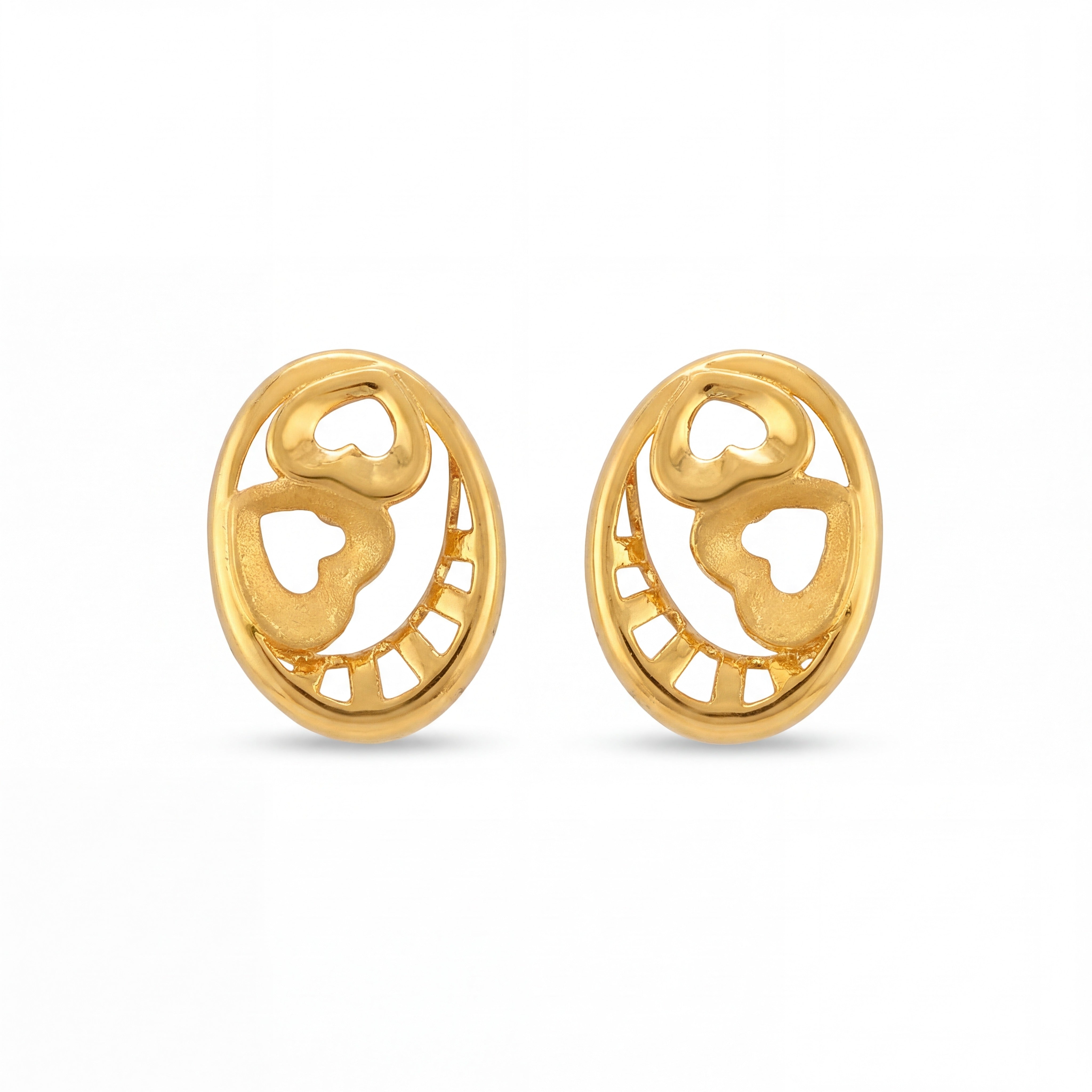 Elegant 22K yellow gold oval stud earrings featuring dual heart motifs with openwork detailing in a modern romantic design by Pachchigar Jewellers Ashokbhai