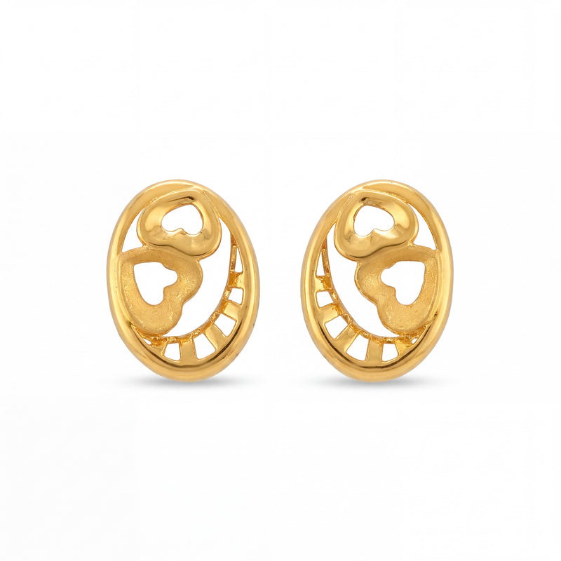 Elegant 22K yellow gold oval stud earrings featuring dual heart motifs with openwork detailing in a modern romantic design by Pachchigar Jewellers Ashokbhai