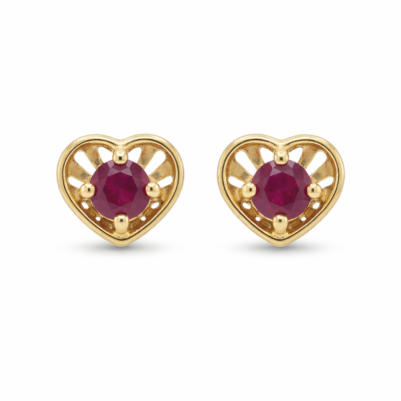 Elegant 22K yellow gold ruby heart stud earrings featuring heart shaped design with vibrant red center gemstones by Pachchigar Jewellers Ashokbhai