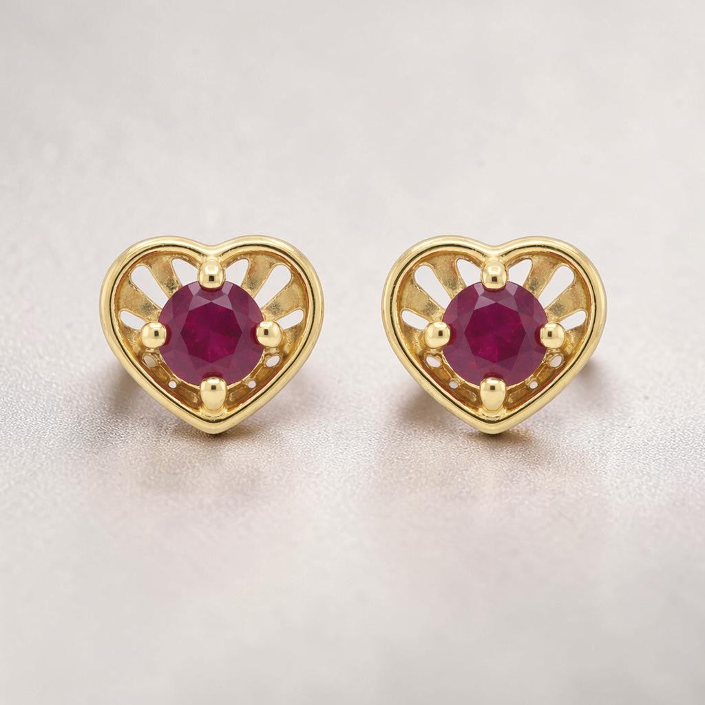 22KT Gold Heart Shape Stud Earrings with Red Stone