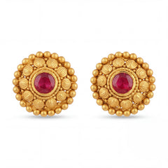 Elegant 22K yellow gold ruby traditional stud earrings featuring round floral design with vibrant red center gemstones by Pachchigar Jewellers Ashokbhai