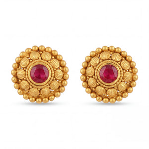Elegant 22K yellow gold ruby traditional stud earrings featuring round floral design with vibrant red center gemstones by Pachchigar Jewellers Ashokbhai