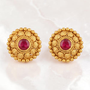 22KT Gold Antique Stud Earrings with Red Stone